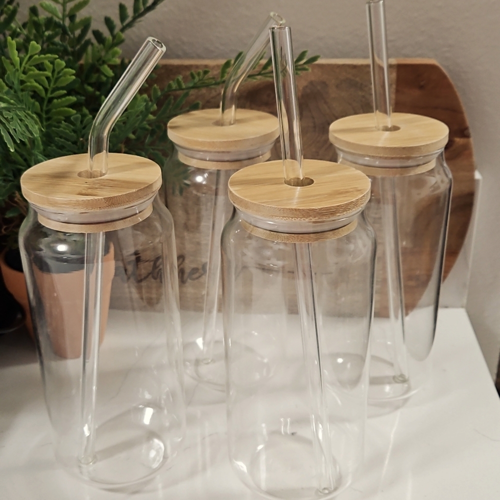 Drinking Glasses with Bamboo Lids and Glass Straw 4pcs Set - 16oz Glass Cups
